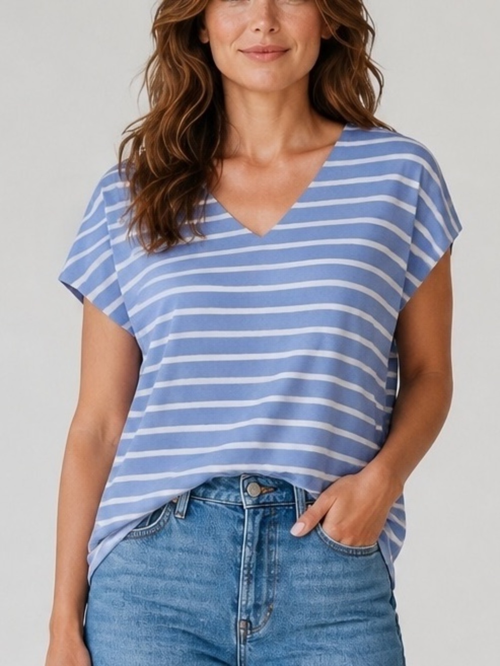 J. Jill - Luxe Supima Pleat-Back Short Sleeve Blue White Stripe V-Neck Tee - XL